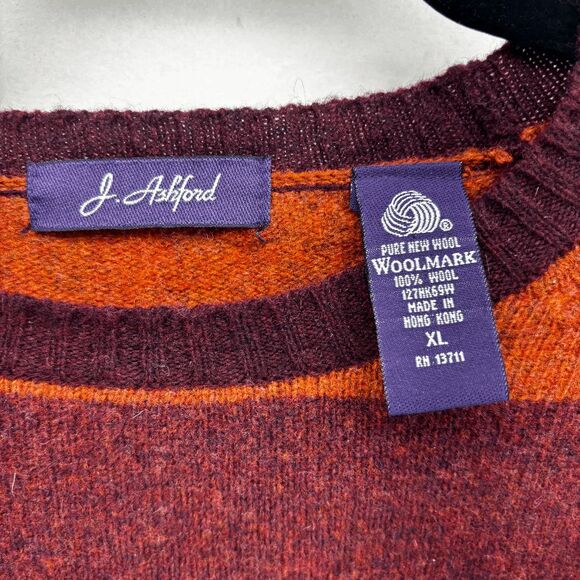 Vintage J. Ashford Mens Pure New Wool Sweater XL Brown Orange Striped Woolmark! - Picture 4 of 4